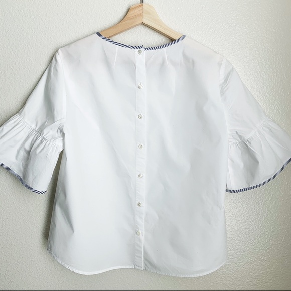 J Crew Button Back Bell Sleeve Tipped Trim Blouse - Picture 3 of 8